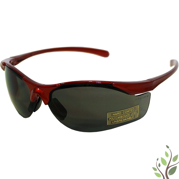 Munkavédelmi szemüveg, szürke polarizált lencsével, piros kerettel